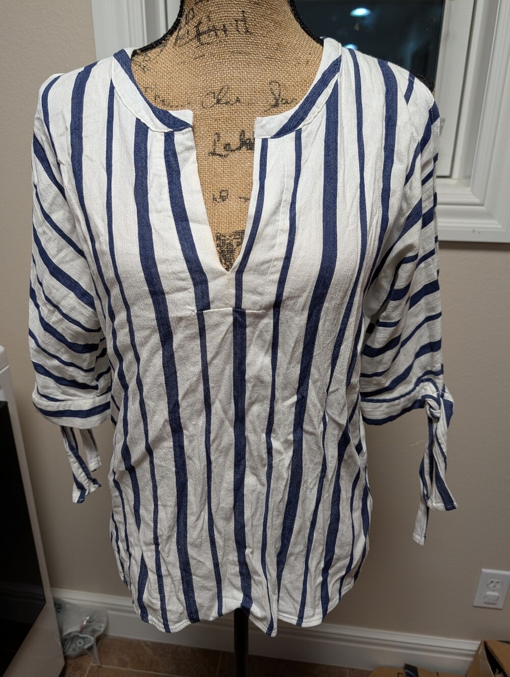 Striped Navy and White Tie-Sleeve Women's Top